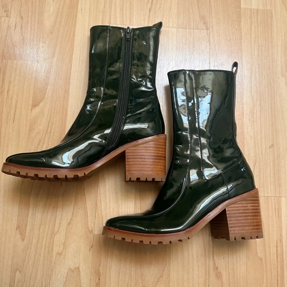 Silent D/Anthropologie Xiani Hunter Green Lug Heel Patent Ankle Boots Size 37 - Picture 1 of 6